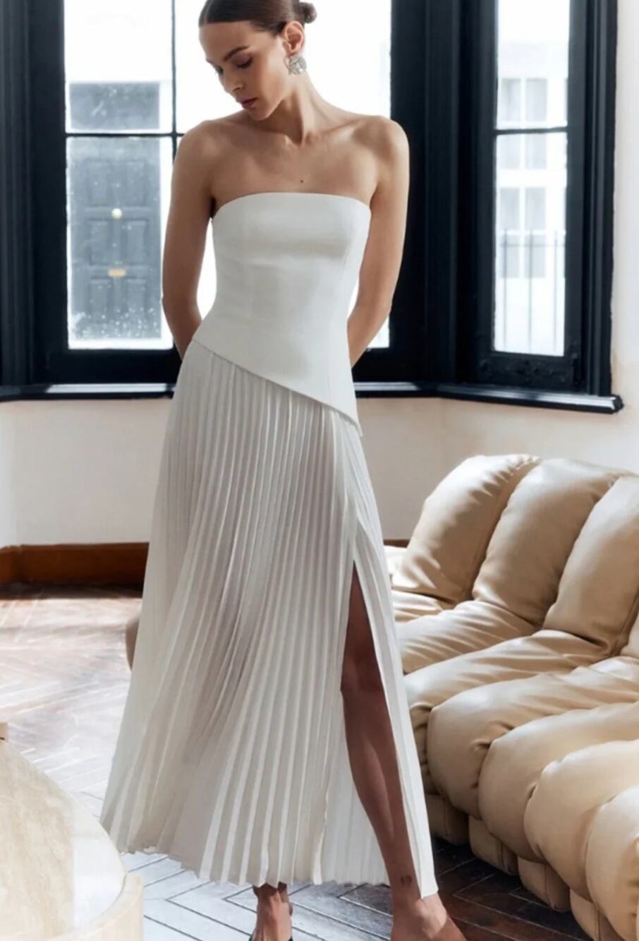 $75 Commense White Asymmetrical Strapless Dress Pleated S NWT